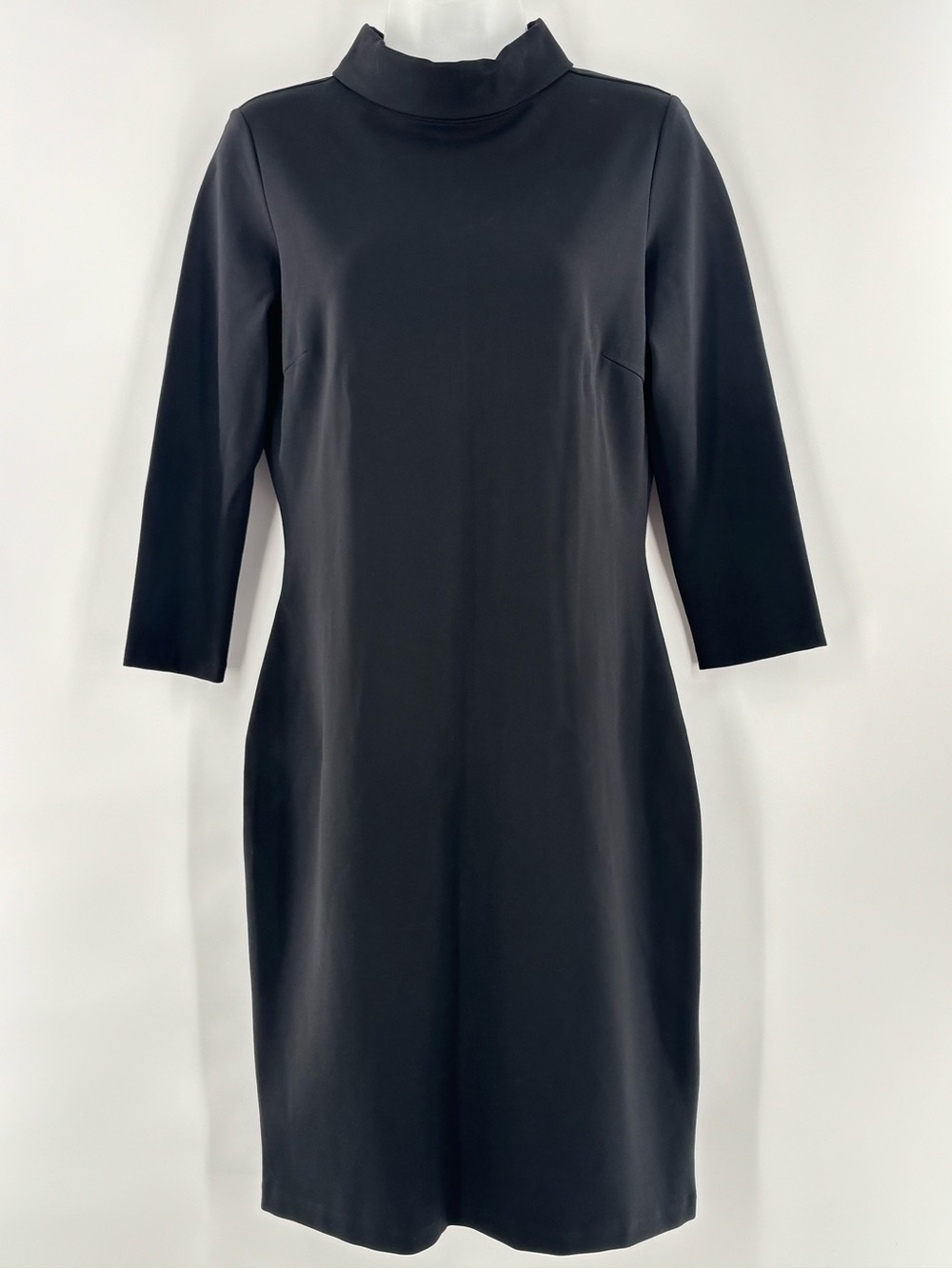J McLaughlin Bertha Dress Black Ponte Sheath Sz S Mock Neck Minimalist NWT